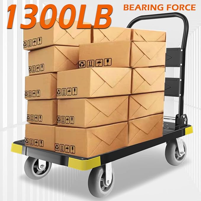 Folding Push Cart Dolly - 1300LBS Heavy Duty Portable Moving Dolly with 360 Swivel 6'' Wheels (35L x24W x40H in)