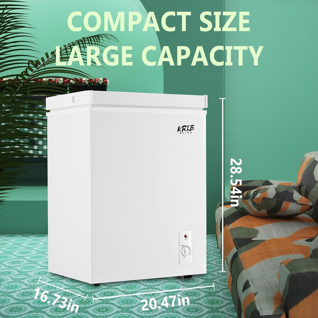 3.5 Cu.Ft Compact Chest Freezer with Removable Basket, Krib Bling Top Door Open Freestanding Deep Freezer with 7 Gears Temperature Adjustment, Ideal for Home, Kitchen & Office, White