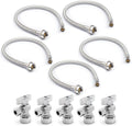 Stainless Steel Toilet Connection Kit - Braided Water Hose, 3/8" Compression x 7/8" Metal Ballcock, 12" Length (5Pack) + Supply Stop Valves, 5/8" x 3/8" Compression (5Pack)