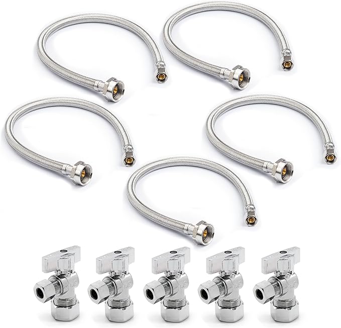 Stainless Steel Toilet Connection Kit - Braided Water Hose, 3/8" Compression x 7/8" Metal Ballcock, 12" Length (5Pack) + Supply Stop Valves, 5/8" x 3/8" Compression (5Pack)
