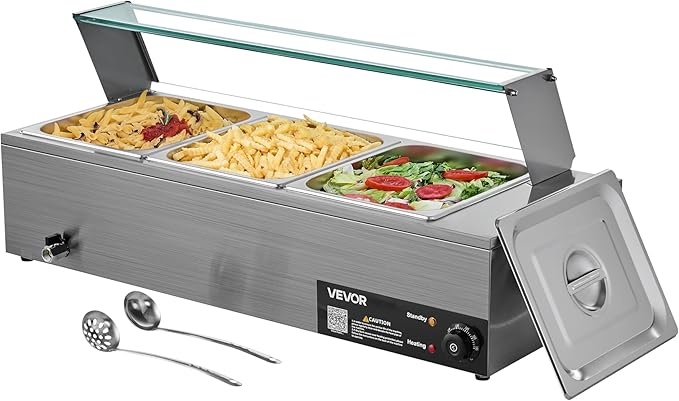 VEVOR Commercial Food Warmer, 1500W Electric Stainless Steel Steam Food Warmer with Glass Cover, 3-Pan Countertop Buffet Bain Marie with Soup & Perforated Ladles, for Catering, Restaurant & Party