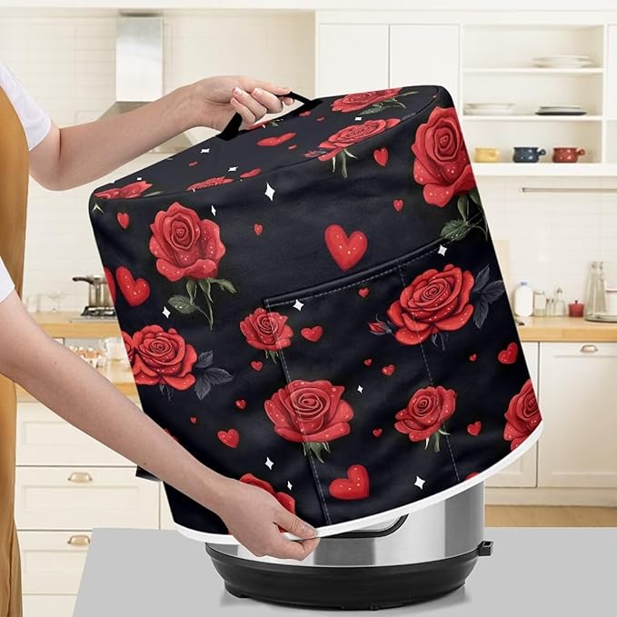 Pressure Cooker Cover for Women,Insulated Rice Cooker Cover with Easy to Clean Red Rose Waterproof Dust Cover with Pockets for Instant Pot 6 Quart Appliance Cover