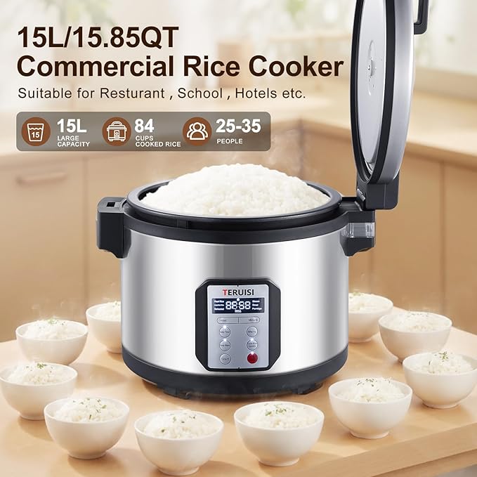 Commercial Rice Cooker, 15L/15.85QT Large Capacity Rice Cooker & Warmer 84 CUPS Cooked Rice, 1550W Fast Rice Cooker with 6 Preset Functions, LED Display, Non-stick Inner Pot for 25-35 People Use