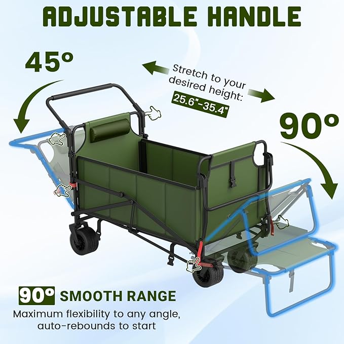 LEVELEVE Heavy Duty Folding Wagon - 2-in-1 Collapsible Cart, 650lb Capacity, All-Terrain Wheels w/Brakes & Side Pockets (Army Green)