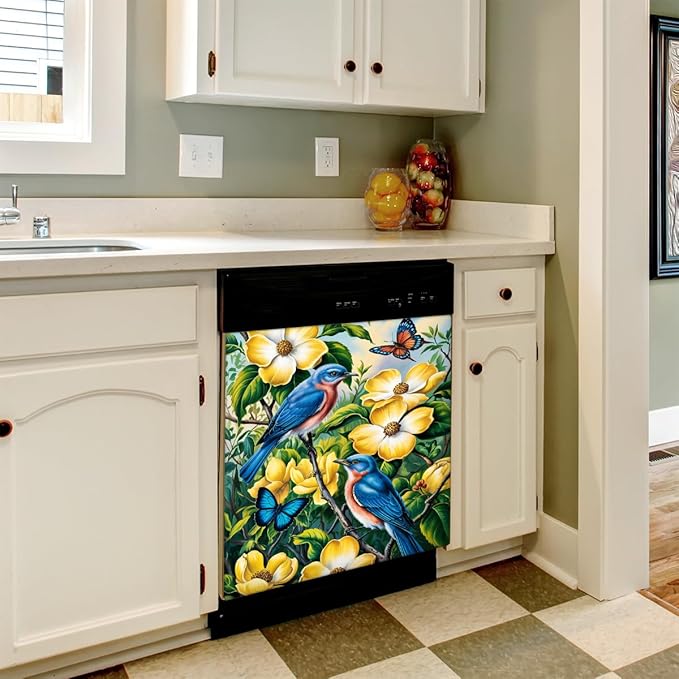 Flowers Birds Butterfly Dishwasher Magnet Cover Front Dishwasher Cover Decor Reusable Magnetic Door Cover Panel Decal Home Appliances Stickers Kitchen Refrigerator Fridge 23"x26"