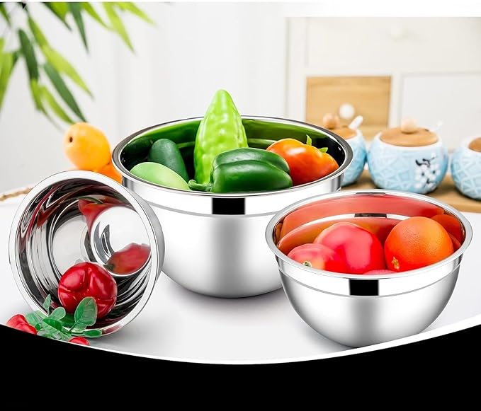 Stainless Steel 304 Mixing Bowls with Airtight Lids, Set of 3 Large Medium Small 1.5L 2L 3L (1.6QT 2.1QT 3.2QT) Food-Grade Metal Nesting Salad Bowls - Rust-Resistant, Dishwasher Freezer Safe