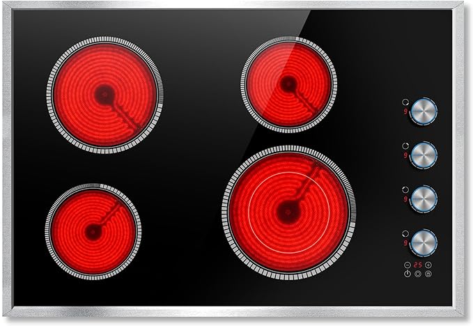 30 Inch Electric Cooktop, 4 Burner Electric Stove Top with Knob Control, 6700W Stove Top Burner with Overheat Protection, Child Lock, Timer, Durable Metal Frame, Bulit-in Glass Top 220-240V Hardwired