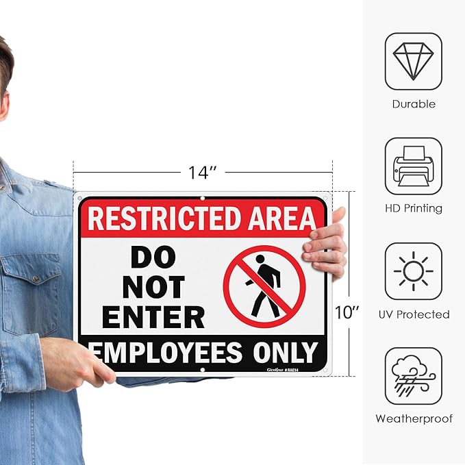 GicnKeuz Large Restricted Area Sign, 14x10 Inches Do Not Enter - Employees Only Signs, Rust Free.40 Reflective Aluminum, Fade Resistant/Waterproof, 6 Pre-drilled Holes (1 Pack)