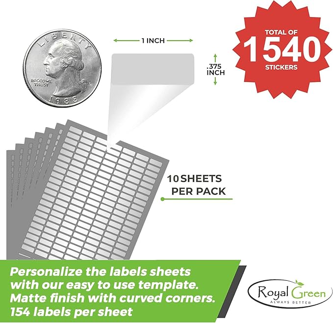 Sticker Label Sheets Bulk Printable Paper Labels in Metallic Silver 1 inch x 0.375 inch - 1540 Pack, 10 Sticker Sheets for Laser Printing with Template Included by Royal Green