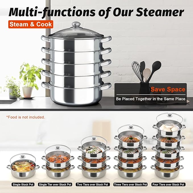 5 Tier Stainless Steel Steamer Pots Stackable Pan Steamer Cooking Pots Steam Canner with Lid Cookware Steaming Pots for Kitcken (30CM)