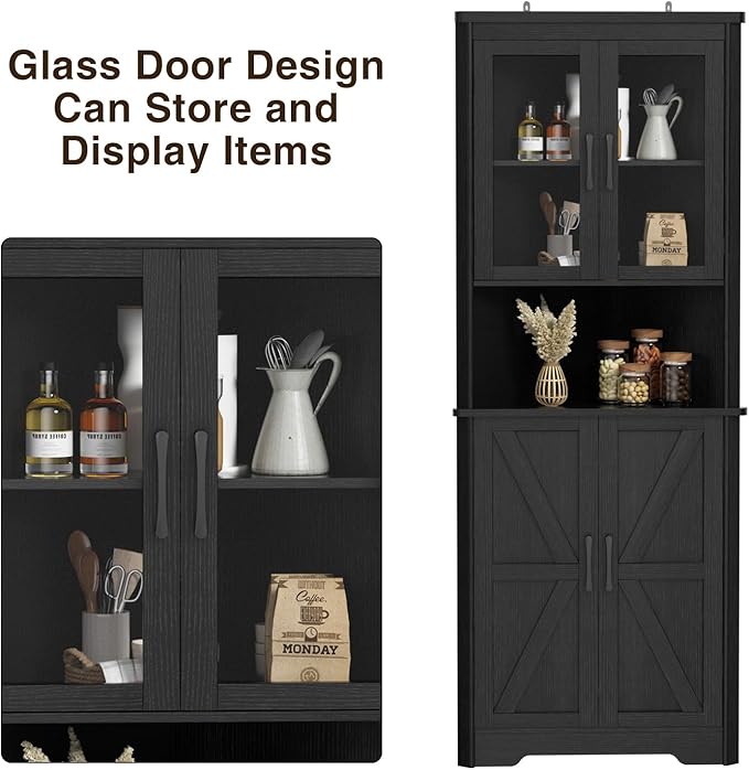 67''H Black Tall Farmhouse Corner Storage Cabinet with 4 Tempered Glass Doors and Barn Doors, Narrow Bathroom Cabinet with 5 Adjustable Shelves, Corner Hutch for Kitchen, Dining Living Room