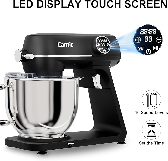 Camic 8.45 QT All Metal Stand Mixer,10 Speed Large Capacity Kitchen Mixer with Digital Timer & Tilt-Head, Electric Mixer with Whisk Dough Hook Mixing Beater for Baking,Cakes,Cookie,Bread,Salad(BLack)