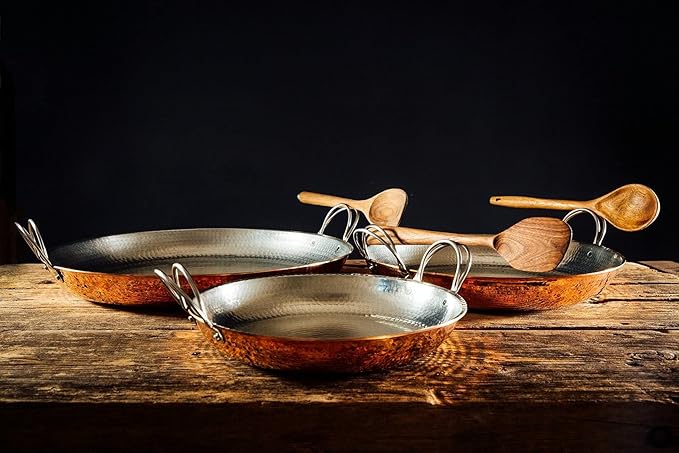 Sertodo 18 Inch Hand-Hammered Copper Paella Pan | Heavy-Gauge Pure Copper Frying Pan & Skillet | Artisan Cookware for Cooking & Serving – Alicante Style