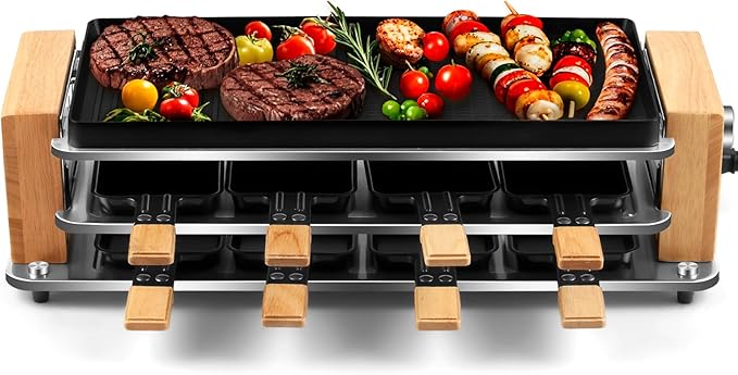 CUSIMAX Electric Grill Raclette Table Grill, 2 in 1 Indoor Grill with Non-Stick Grill & Griddle Plate, Raclette Grill with Wooden frame, 8 Cheese Pans & Wooden Spatulas, Three-Layer Korean BBQ Grill