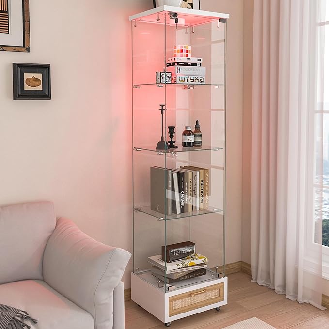 Yoluckea 4 Tiers Glass Display Cabinet with LED Lighting and Drawer, 1 Door Floor Standing Curio Cabinet with Wheel for Home, Office, Corner Display, White Glass Bookshelf for Collections and Decor