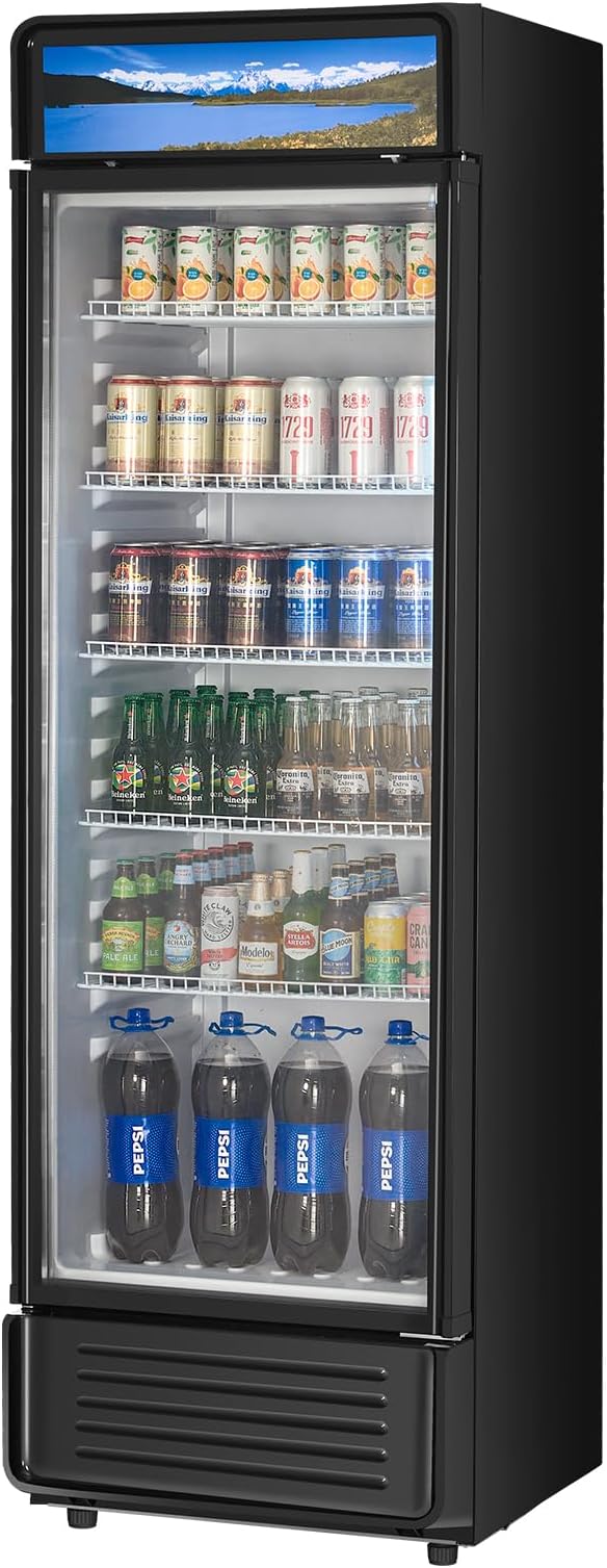 VEVOR Commercial Merchandiser Refrigerator, 12.2 CU.FT Glass Door Display Refrigerator, Beverage Cooler Merchandiser with Adjustable Shelves, Soft LED Light, Customizable Lightbox, Black