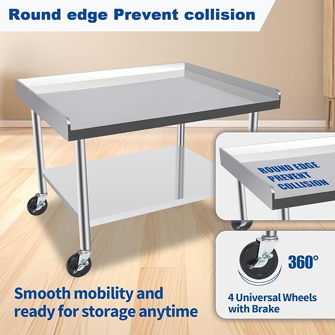 Commercial-Grade Stainless Steel Workstation Table with Under Shelf & Lockable Casters (30"x36"x26")