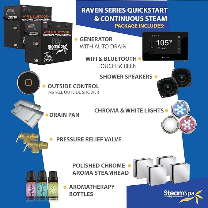 SteamSpa Steam System 21kW Steam Shower Generator with Bluetooth Wifi, Quickstart Continous Steam, Advanced Touch Pad Screen, Chroma Lights, Drain Pan and Auto Drain Chrome RVBS2100CH-A