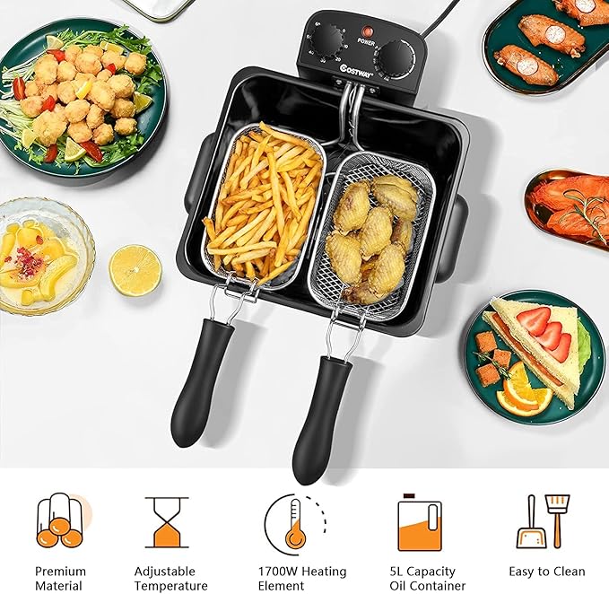 5.3QT Electric Deep Fryer with 3 Baskets, SIMOE 5L Stainless Steel Deep Fryer w/60 Timer & Lid with View Window, Home Countertop Oil Fryer w/Temperature Control for Kitchen, Party, French Fries