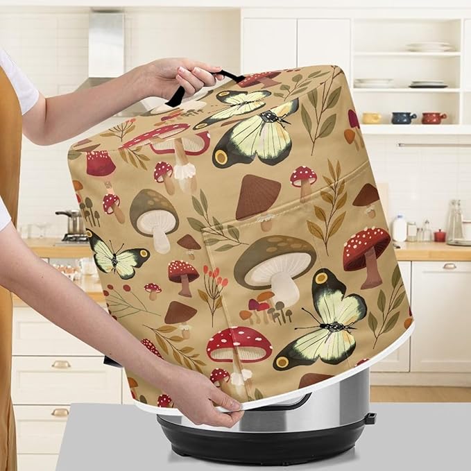 Mushroom Butterfly Pressure Cooker Cover for 8 Quart Instant Pot and Air Fryer Accessories, Stain Resistant Washable Round Protective Cover Electric Appliance Cover with Front Pocket