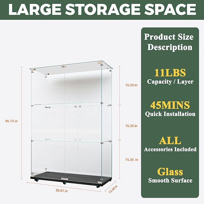 Glass Display Cabinet with LED Light Strip, 3 Shelves with 2 Doors, Glass Top Curio Storage Cabinets with Lock & Caster for Living Room,Floor Standing Bookshelf, Quick Installation - Black