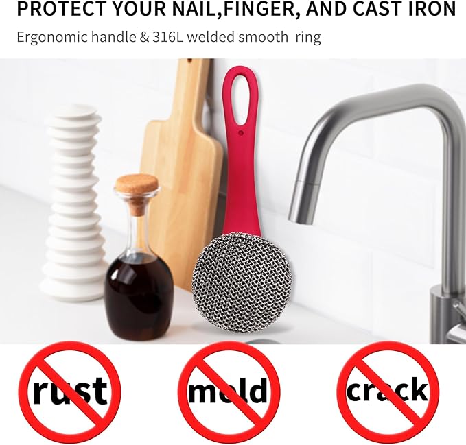 Cast Iron Cleaner Scrubber with Long Handle - Welded Fine Chain Mail Cast Iron Grill Scrubber Brush-Chainmail Sponge Scrub Cleaning Tool to Clean Skillets, Pan,Griddle, Wok, Dutch Oven