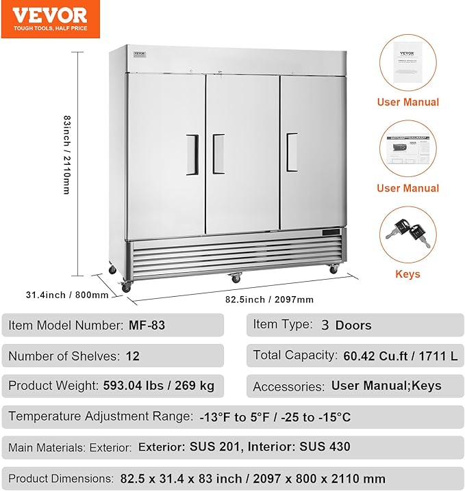 VEVOR Commercial Freezer 60.42 Cu.ft, Reach In 82.5" W Upright Freezer 3 Doors, Auto-Defrost Stainless Steel Reach-in Freezer with 12 Adjustable Shelves, -13 to 5℉ Temp Control, LED Lighting, 4 Wheels