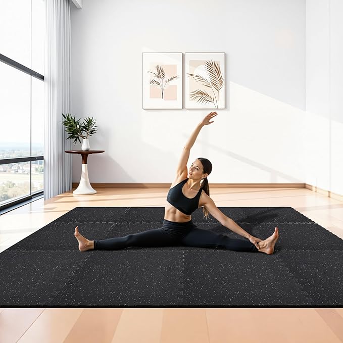 VEVOR 0.4Inch 48sq.ft 12 Tiles Gym Flooring for Home Gym, Rubber Top with High Density EVA Foam, 24 x 24In Gym Floor Exercise Equipment Mats, Interlocking Gym Mats, Puzzle Workout Mats, Black & Gray