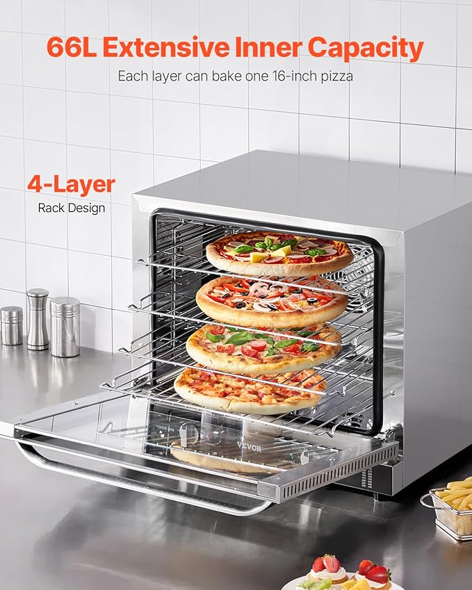 VEVOR Commercial Countertop Oven, 66L 4-Tier Toaster Ovens with Tempered Glass Door, Wire Racks & Tray, 2800W Stainless Steel Baking Ovens for Restaurant Bakery (AC208~240V,60Hz, 6-20P Plug & Outlet)