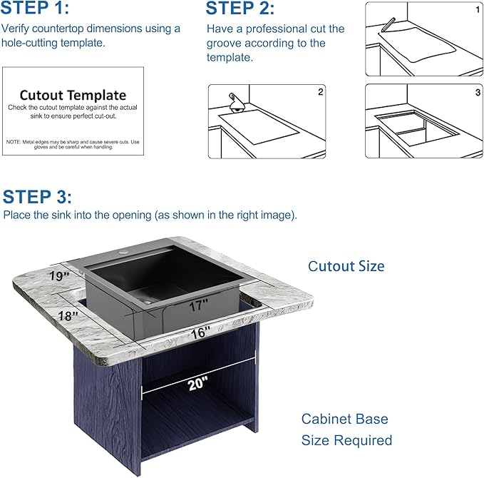 Scamall 17x19x9 Drop In Kitchen Sink Workstation, Nano Black 304 Stainless Steel Deep Single Bowl with Quick Drainage & Tarnish-Free Surface for Bar, Laundry, RV, Includes Accessories