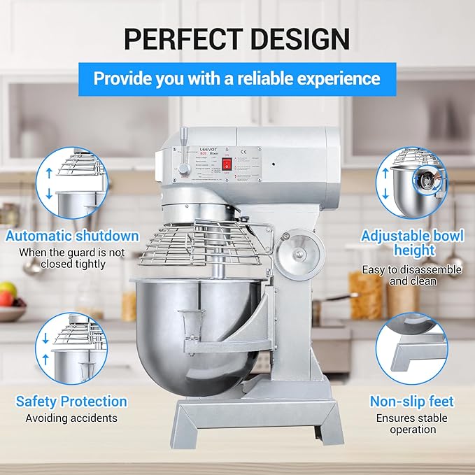 20Qt Commercial Food Mixer, Commercial Dough Mixer 1100W 3-Speeds Adjustable, Heavy Duty Electric Stand Mixer with Stainless Steel Bowl for Kitchenaid and Pizzeria (Simple)