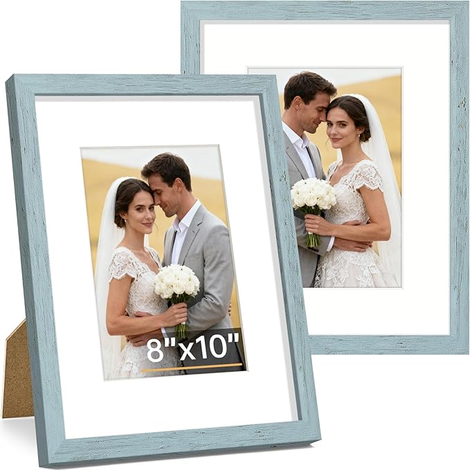 Vittanly 8x10 Picture Frame Set of 2, Solid Wood Frame for Wall or Tabletop, Display Photo 5x7 with Mat or 8x10 without Mat, Rustic Blue