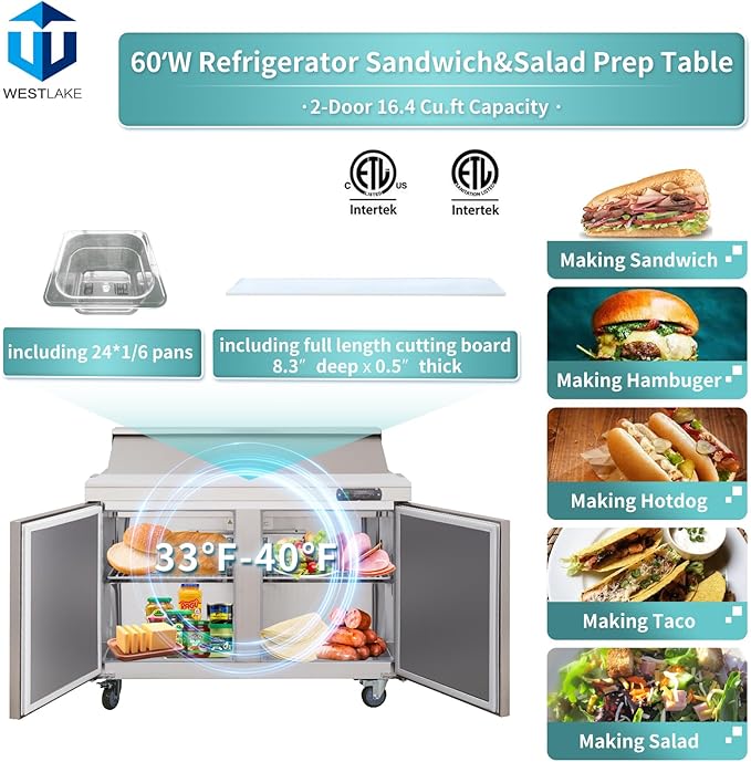 WESTLAKE 60" W 2 Door Refrigerator Sandwich & Salad Prep Table Commercial Mega Top Refrigerator Stainless Steel Counter Fan Cooling with 24 pans-60 Large Capacity Inches for Restaurant