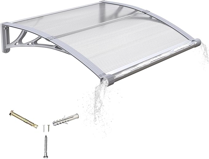 Awning for Door Entrance with Drainage Sink,32x48 Inch Awnings for Doors,Window Canopy Exterior with Plastic Steel Bracket,Polycarbonate Cover,UV,Rain,Snow Protection for House,Porch,Patio,Deck