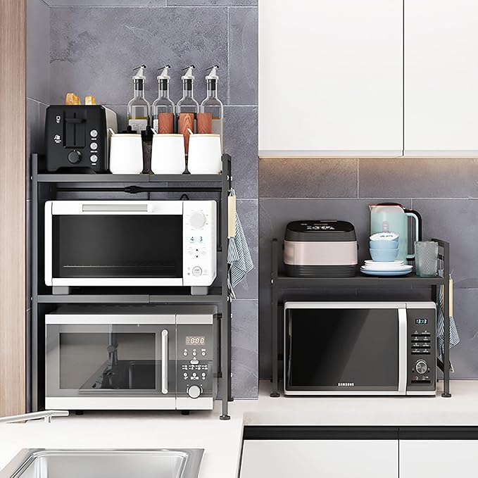 Microwave Storage Rack Microwave Oven Rack Kitchen Microwave Oven Rack Toaster Stand Kitchen Counter Shelf Expandable and Height Adjustable Steel Countertop Storage Shelf - Black/75Cm, 49.5Cm