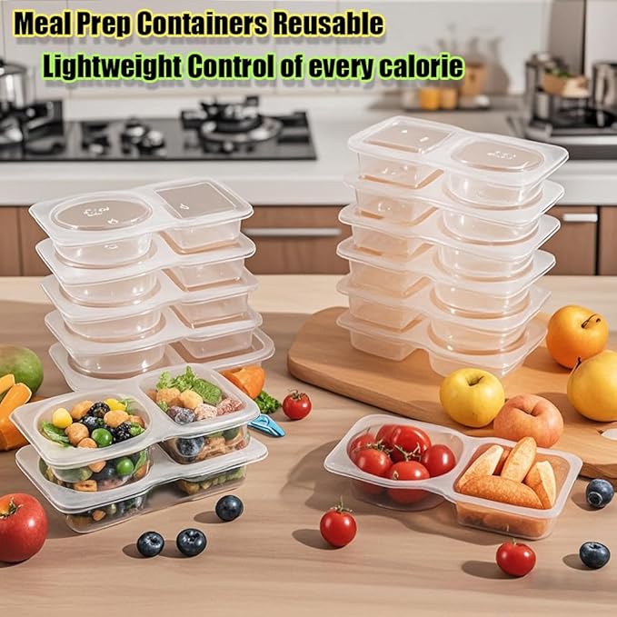 20 Pack Reusable Snack Containers with Lids, Double Compartment Snack Containers for kids & Adults -2 Compartment Condiment Containers, Dishwasher & Microwave Safe, for Portion Control, Meal Prep