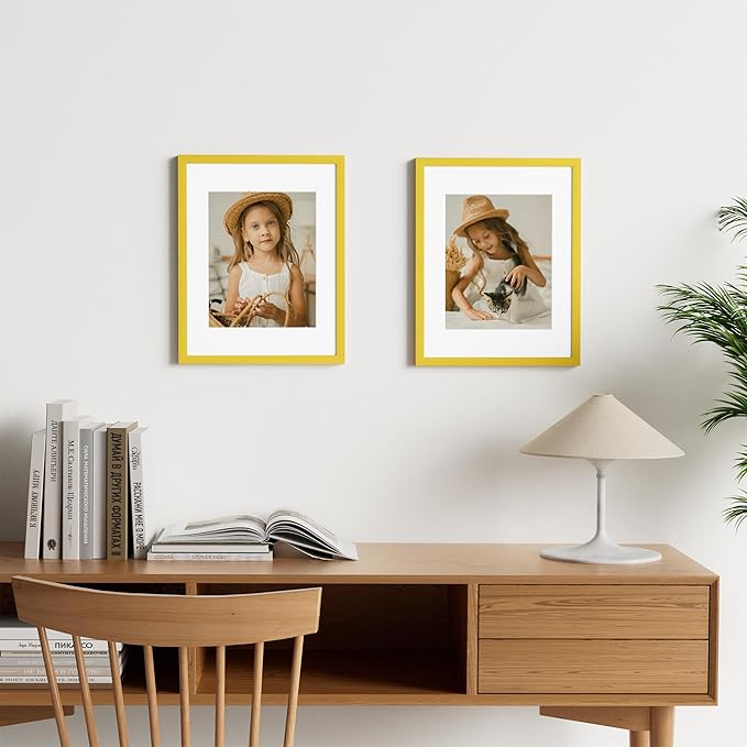 Vittanly 11x14 Picture Frame Set of 2, Solid Wood Frame for Wall Art Photo and Prints, Display Photo 8x10 with Mat or 11x14 without Mat, Yellow