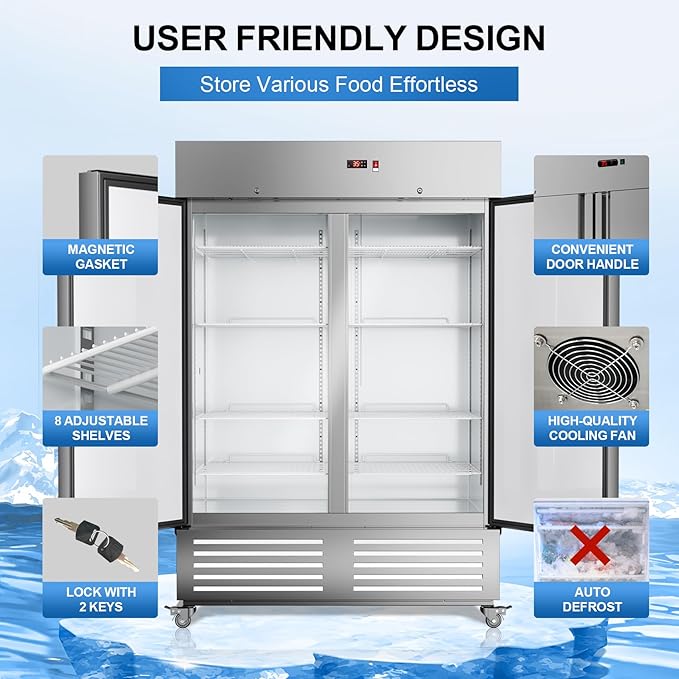 Commercial Refrigerator 54"W 2 Door Stainless Steel Reach-in Solid Door Upright Fridge Fan Cooling 49 Cu.ft Refrigerators 32-47°F for Restaurant, Bar, Shop