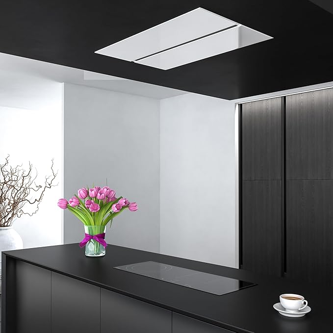 Futuro Futuro IS36SAVONA-WHT Ceiling Mount Range Hood, White, 36x23.6x11 inch, LED Lighting, 4-Speed, 940 CFM, White Glass, 0.5-3.2 Sones, Remote Control