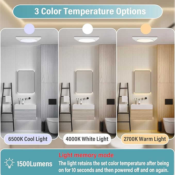 Bathroom Exhaust Fan with Light, UL HVI Certificated 120 CFM 1.2 Sones, 41W Bathroom Fan with Light for Home, 1500lm LED Light 2700K/4000K/6500K 2 pack