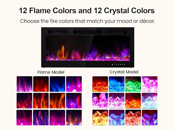Electric Fireplace Inserts 42 Inch Wide, RealSmart Wall Mounted Fireplace 750W/1500W in-Wall Recessed Heaters with Remote Control, Timer, 12 Adjustable Color Flame & Brightness, Touch Screen
