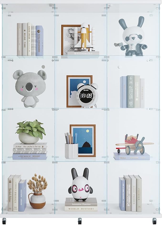 66.5" H 4-Shelf Extra Large Glass Display Cabinet with Double Doors,Modern Floor Standing Curio Cabinet Bookshelf Collection Display Case with Lockable Casters & Lock for Living Room (White)