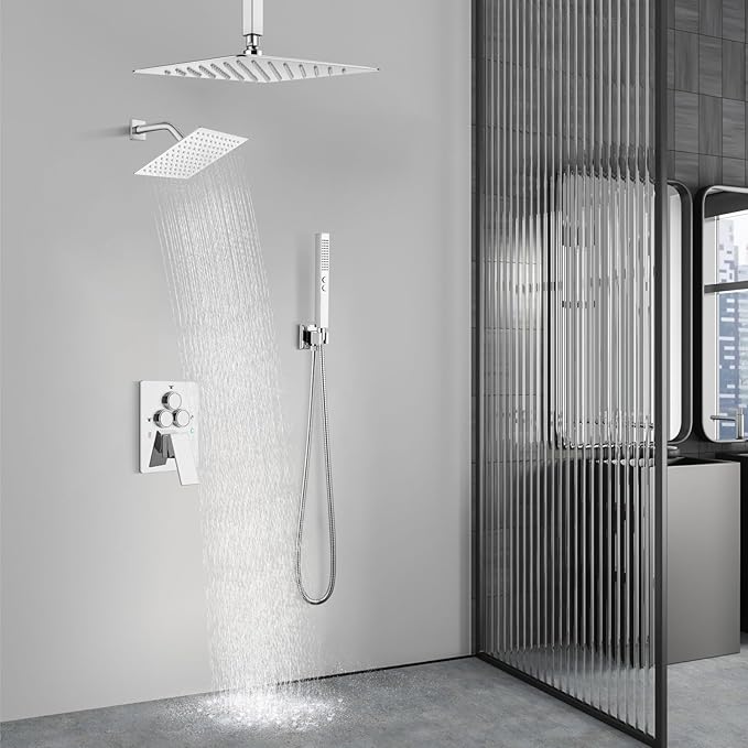 Aolemi Shower Faucet Set Ceiling Mount Shower System Rough-in Valve and Shower Trim Kit 2 in 1 Handheld Spray Push Button Diverter 10 and 6 Inch Dual Shower Head Polish Chrome