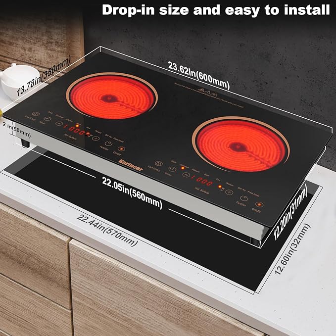 Karinear 2 Burners Electric Cooktop 24 Inch, 110v~120v Countertop and Built-in Elecric Stove Top, Portable Electric Radiant with Outlet Plug, Sensor Touch, Child Safety Lock, Timer(Gold)