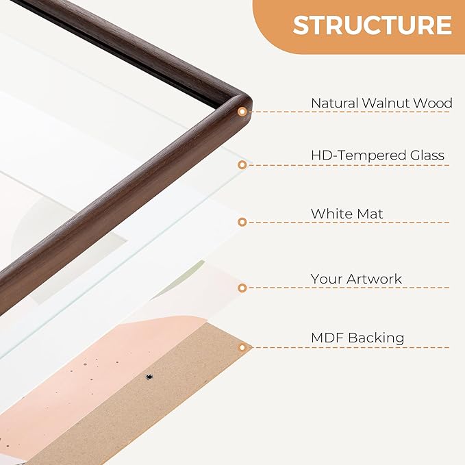 Axeman 11 x 14 Walnut Frame - Rounded Corner 11x14 Picture Frame Matted to 8x10 - Natural Walnut Wood 14x11 Photo Frame with Tempered Glass for Wall Mount Display