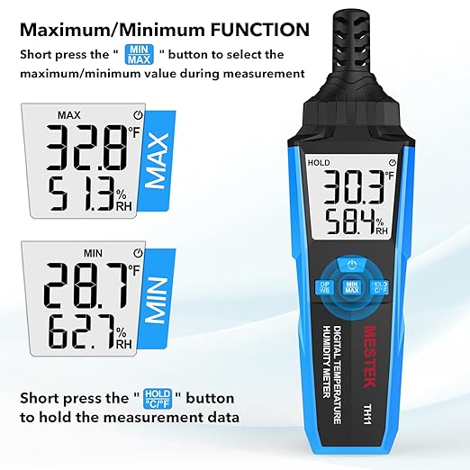 MESTEK Temperature Humidity Meter, High Precision Digital Hygrometer with Ambient, Dew Point, Wet Bulb Temperature for Indoor Outdoor, Thermometer with Min/Max, Data Hold, LCD Backlight, TH11