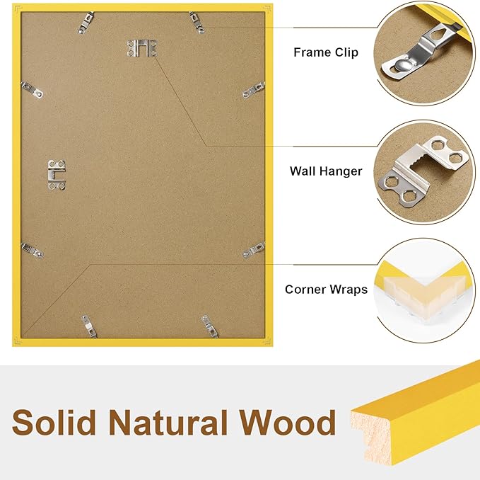 Vittanly 12x16 Picture Frame, Solid Wood Frame with Plexiglass, Includes 8.5x11 Mat, Wall Hanging for Photos, Home Decor, Yellow, 1 Pack