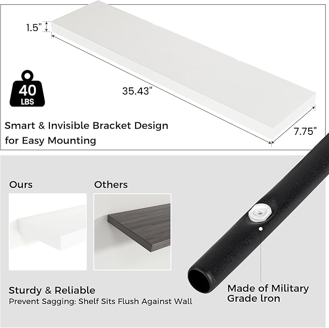 Floating Shelves for Wall 36"W x 7.8"D x 1.5"H, Engineered Wood Wall Shelves with Invisible Brackets for Living Room Bedroom Bathroom Office Kitchen Decor and Storage, White Finish, Set of 2