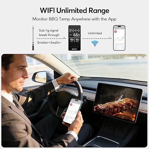 Smart WiFi Wireless Meat Thermometer Unlimited Range 7 NIST Cert.Sensors Accuracy ±0.5°F Sub-1G (10X Stronger than Bluetooth)APP&Digital Base,Monitor for BBQ, Grill,Oven, Smoker(1, Black,Small)