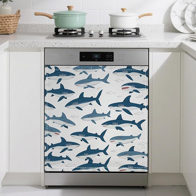 Cute Shark Dishwasher Magnet Cover,Wild Fish Kitchen Decor Waterproof Refrigerator Magnet Appliance Cover Protector,23Wx26H Inches